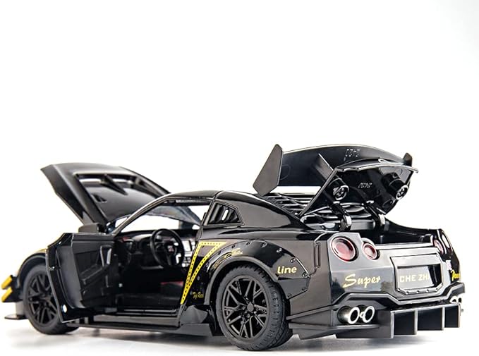 BDTCTK 1/24 Scale Compatible for Nissan GTR Model Car Toy, Zinc Alloy Pull Back Toy car with Sound and Light for Kids Boy Girl Gift (Black)
