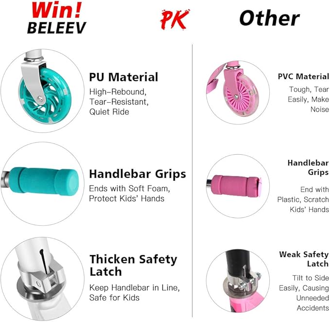 BELEEV V1 Scooters for Kids, 2 Wheel Folding Kick Scooter for Girls Boys, 3 Adjustable Height, Light Up Wheels, Lightweight Scooter with Sturdy Frame, Kickstand for Children 3 to 12 Years Old