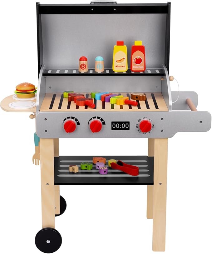 Wooden Play Barbecue Toy Grill, Kids Grill Playset with Toy Food and Grilling Tools, Play Kitchen Accessories for Toddlers Boys Girls Age 3+