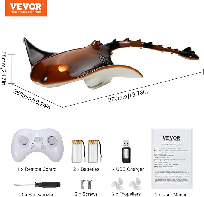 VEVOR Remote Control Manta Ray Toy, 2.4GHz High Simulation Robot RC Shark Stingray Fish Toys with Light, RC Boat Bathtub Summer Swimming Pool Toys for 6+ Year Old Boys and Girls