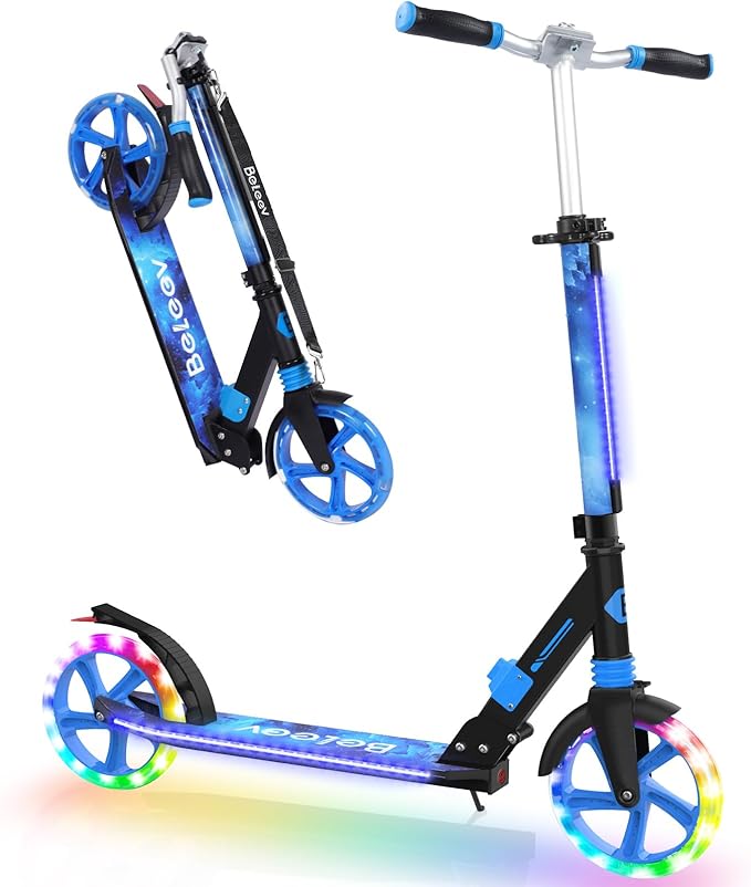 BELEEV V8 Scooters for Kids Ages 6+ with Light-Up Deck, 2 Wheel Folding Scooter for Adults Teens, 4 Adjustable Height, Lightweight Sport Commuter Scooter, Sturdy Frame, Max Load 220 lbs