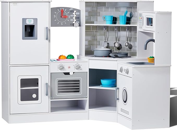 VEVOR Interactive Wooden Toy Play Kitchen Playset for Kids with Lights and Sounds, Corner Design with Ice Maker, Oven, Sink, Clock, Microwaves, Refrigerator and Accessories, for Girls & Boys, White