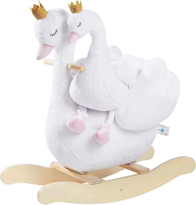 labebe Kids Rocking Horse White Swan with Little Plush Doll Toys, Stuffed Animal Wooden Rocker for Children 6 Months Boys and Girls/Nursery Christmas, Birthday Gift (Rocking Swan with Doll)