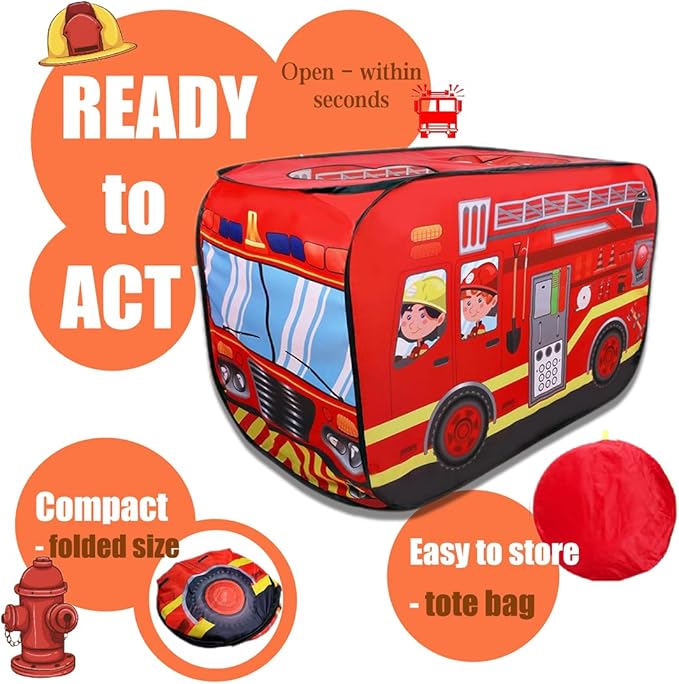 Pop Up Tent for Kids.Fire Truck Play Tent Role Play Firefighter Tent.Large, Easy to Organize.Birthday Gift for Girls & Boys.Can Be Played with by 2-3 Kids.for Toddler - Indoor & Outdoor, Red