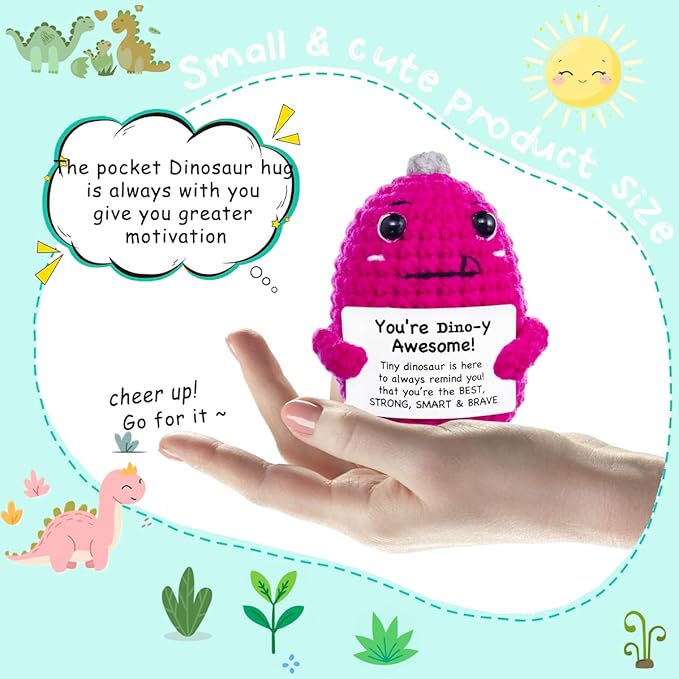 Funny Easter Basket Stuffers Positive Crochet Stuffed Animals Dinosaur, Stress Relief Gifts for College Student Graduation Boyfriend Husband Women Birthday Desk Decor (Hot Pink Dinosaur)