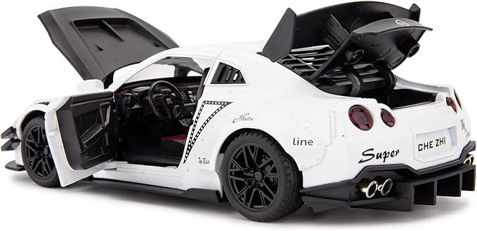BDTCTK 1/24 Scale Compatible for Nissan GTR Model Car Toy, Zinc Alloy Pull Back Toy car with Sound and Light for Kids Boy Girl Gift (White)