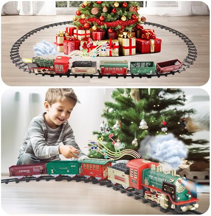 JUQU Christmas Train Set - Electric Train Toys w/Smokes&Lights&Xmas Sounds, Toddler Train Sets for Kids w/Rechargeable Battery & Locomotive Engine, 4 Cars & 21 Tracks for Age 3 4 5 6 7 8+ Boys Girls
