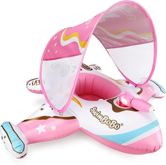 Swimbobo Toddler Pool Float Pink Inflatable Airplane Car Baby Swim Float with Water Gun and Safety Seat Pool Toys for Kids 3+ Years Old