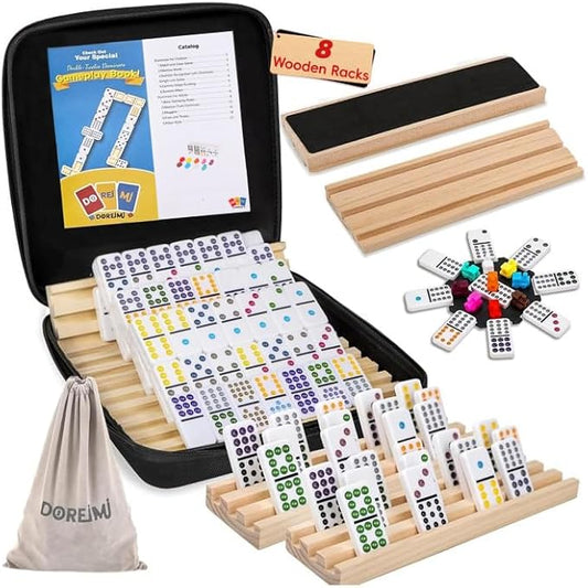 Double 12 Mexican Train Dominoes Set with 8 Wooden Racks & 91 Dot Tiles Portable Travel Board Game for Kids and Adults Family Game Night
