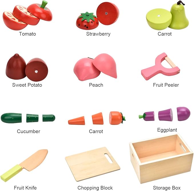 Wooden Play Food for Kids Kitchen - Toys Food Vegetables and Fruit for 2 Year Old Boys Girls Role Pretend Play Early Education Montessori Education