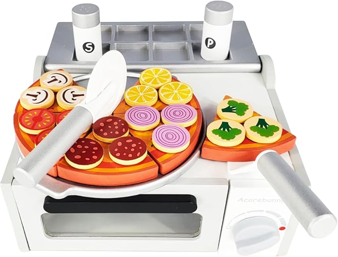 TEKOR Toys Toy Pizza Oven Set | Pizza Oven | Pizza Cutter | Server | 6 Slices | 18 toppings | Salt & Pepper Shaker | Menu | Money | Children Kids Apron & Chef Hat| Using Imagination and Endless Fun