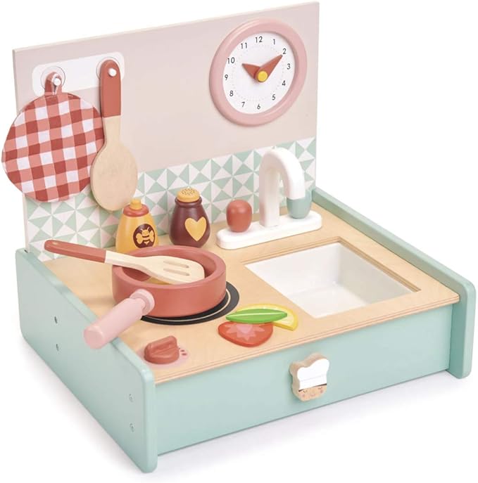 Tender Leaf Toys - Mini Chef Kitchenette - Foldable Portable Wooden Kitchen with Accessories for Pretend Cooking – Develops Social, Creative and Imaginative Skills - Learning Role Play - Age 3+