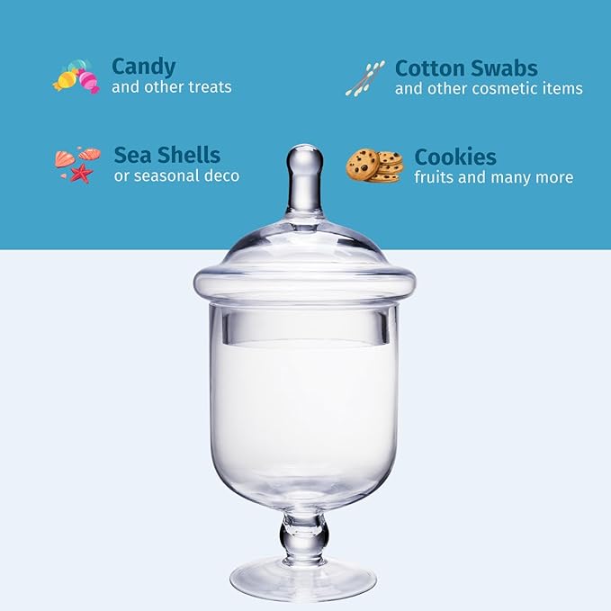 Clear Glass Apothecary Jars, Small Candy Buffet Display Elegant Storage Jar, Decorative Wedding Candy Organizer Canisters (Height: 9" Body: 5"; 22 FL.OZ)
