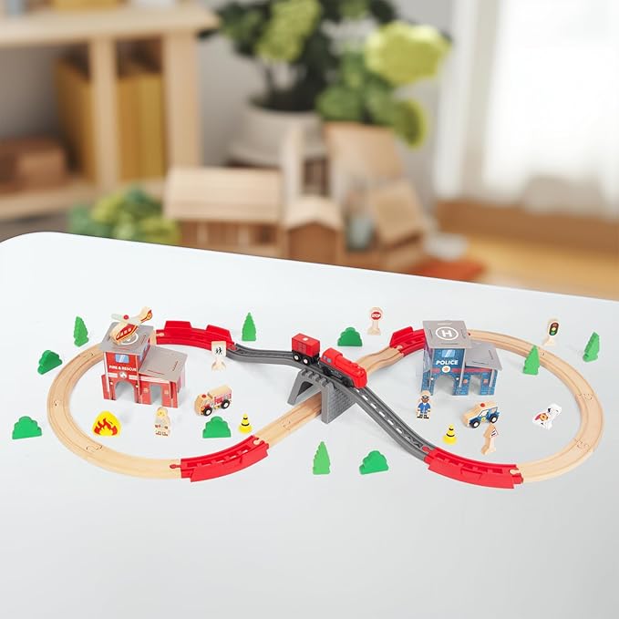 Wooden Train Set for Toddler - 60 Pcs- with Wooden Tracks fits Thomas, fits Brio, fits Chuggington, fits Melissa and Doug - Expandable, Changeable-Train Toy for 3 4 5 Years Old Girls & Boys