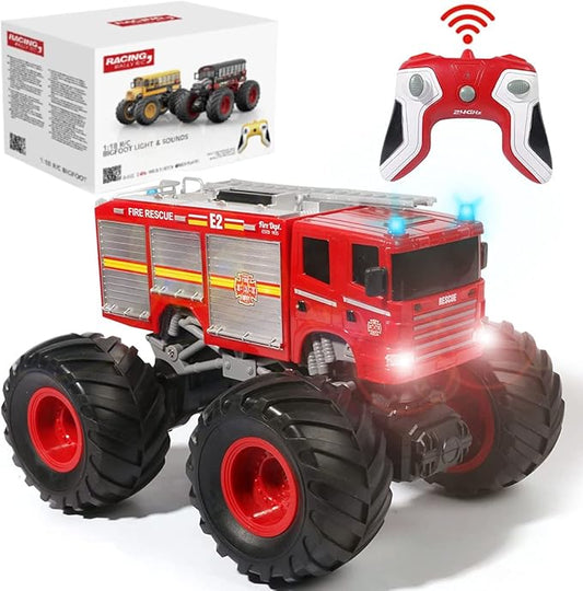 Remote Control Monster Truck - 1:18 Scale RC Fire Truck, 2.4GHz Big Wheel School Bus With Lights, Sounds, Rechargeable Electric Toy Stunt Jam Car for Kids, Boys, Girls