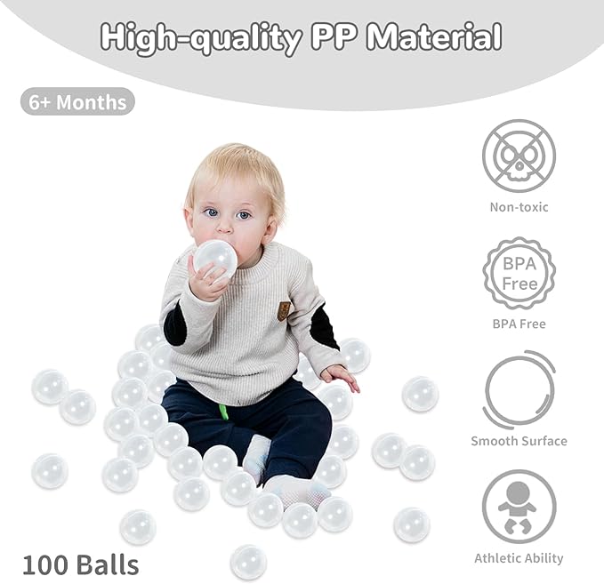 Ball Pit Balls 100 Phthalate Free BPA Free Crush Proof 2.16 Inches Plastic Balls for Ball Pit Ideal Gift for Toddlers Babies Kids Pool Water Toys Play Tent, Clear