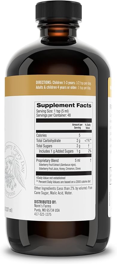 Norm's Farms Wellness Black Elderberry Syrup with Honey, Cinnamon & Cloves - Made in USA, Natural Immune Support, No Alcohol or Fillers, Gluten-Free, Non-GMO, Vegan, Pure Elderberry Juice Syrup - 8 Oz