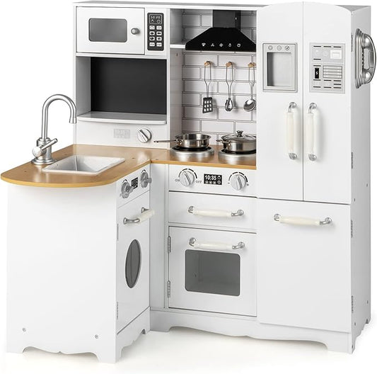 HONEY JOY Corner Kids Kitchen Playset, Little Chef Wooden Play Kitchen for Toddlers, Microwave, Refrigerator, Water Dispenser, Range Hood, Cookware, Pretend Play Toy Kitchen Set for Boys Girls