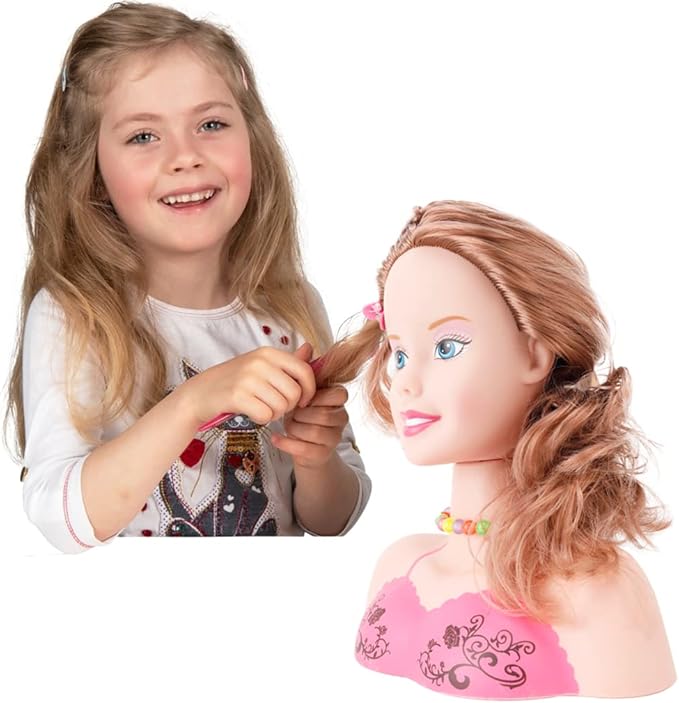 Makeup and Hair Styling Doll Head Toy Kit - Kids Pretend Play Set with Real Washable Cosmetics and Style Accessories for Little Girls