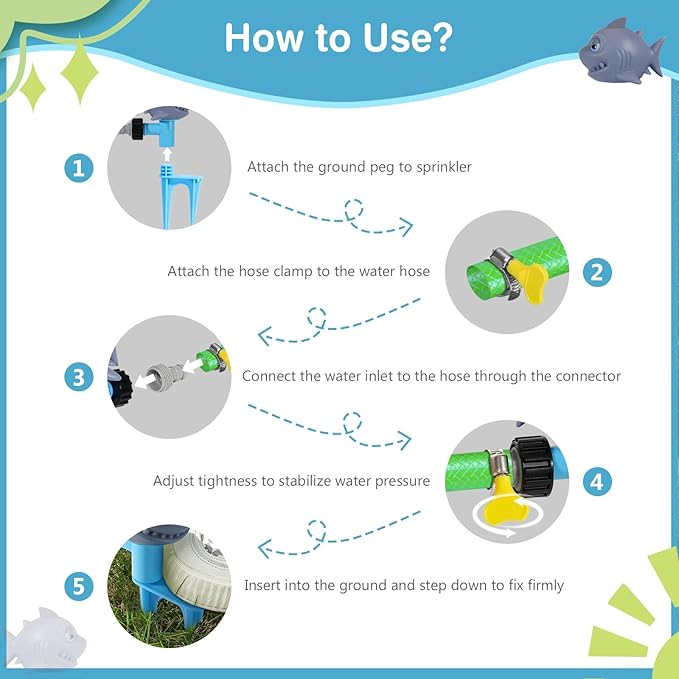 MoKo Water Sprinkler for Kids, Shark Toddler Outdoor Toys with 4 Wiggle Tubes and Hose Clamp, Outdoor Play Toys Spray Up to 8ft, Summer Water Toys Sprinklers for Yard Lawn Garden Pool, Gray
