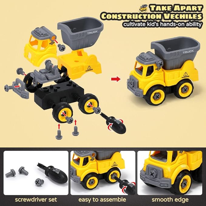 OENUX Play Sand Construction Set, Beach Building Castle Kit w/ 2.2lbs Play Sand, 4 Take Apart Construction Trucks Toys and Signs, Sensory Sandbox with Cover for Boy Girl Kid Toddlers Age 3-8