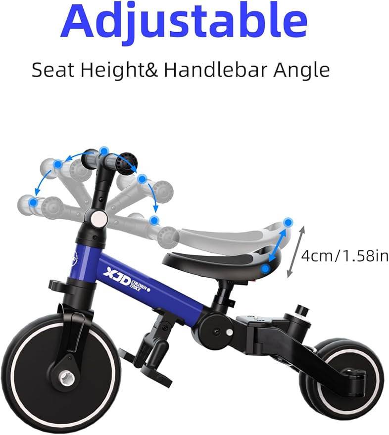 XJD Toddler Bike, 6 in 1 Folding Toddler Tricycle for 1-4 Year Old with Push Handle, Balance Bike with Removable Pedal,Backrest, Adjustable Seat Height and Handle, First Birthday Gifts (Blue)