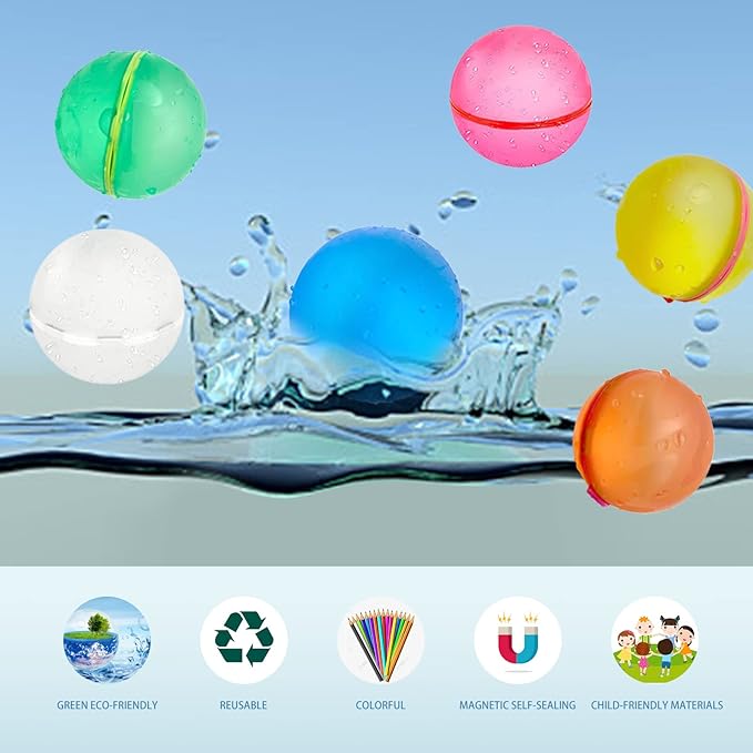 Reusable Water Balloons Water Bombs Splash Ball Quick Fill Self-Sealing Silicone Refillable Water Balls Outdoor Activities Summer Toy Pool Beach Water Games Toys for Kids ages 4-12 (12 Pcs)