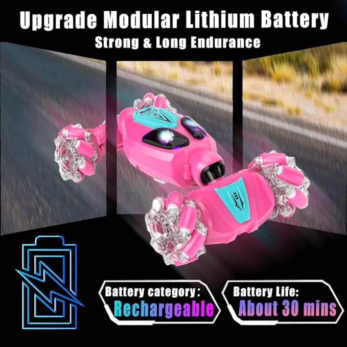 FOTN Remote Control/Gesture Sensing Stunt Car,4WD All-Terrain 2.4Ghz RC Pink Dual Control Off-Road Vehicle ，Lights Music，Modular Lithium Battery, 360° Flips，Snake-Move, Boy/Girl Birthday Gift