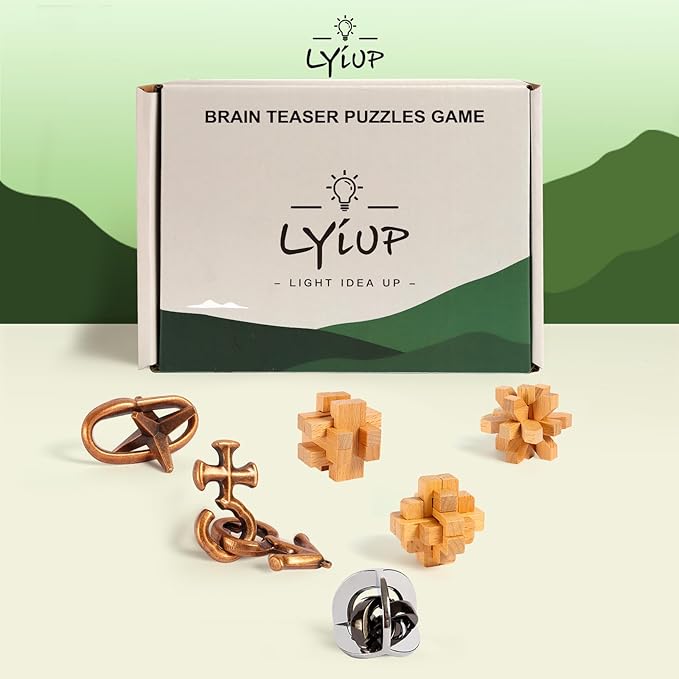 Brain Teaser Puzzle Wooden and Metal 6PCS 3D Unlock Interlocking Puzzle for Kids Adults Educational Toy