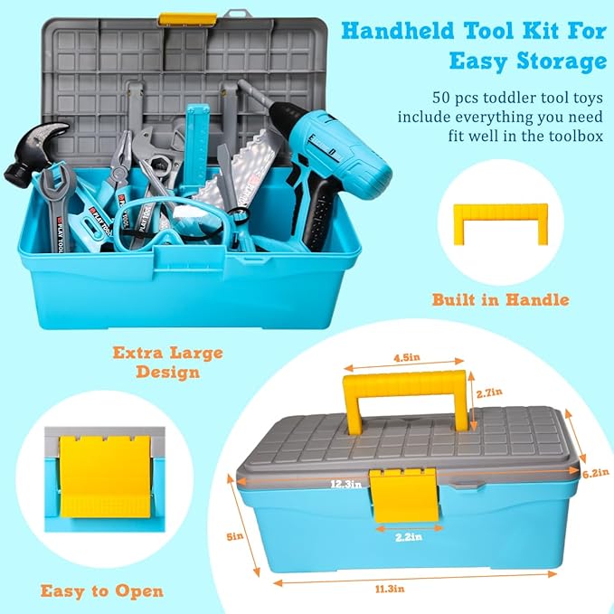 LOYO Kids Tool Set - 50 PCS Pretend Play Kids Toy Tool Box with Kids Construction Vest and Electronic Toy Drill Set for Toddlers Boys Ages 3 , 4, 5, 6, 7 Years Old Christmas Birthday Gift (Blue)