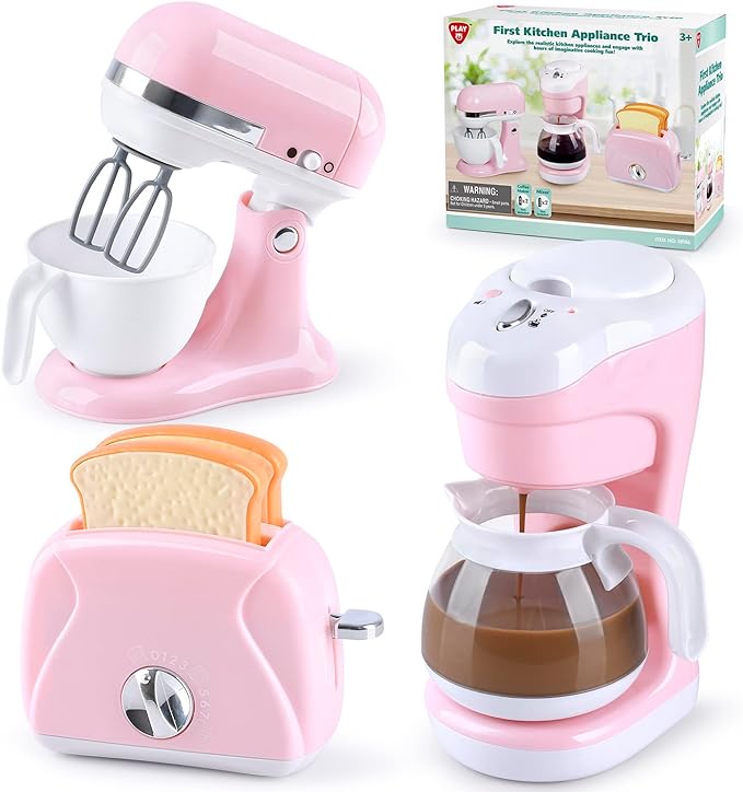 Kitchen Appliances Toys, Kids Play Kitchen Accessories Set, Pretend Kitchen Toys for Kids Ages 4-8, Coffee Maker, Mixer, Toaster with Realistic Lights & Sounds, Gift for Girls Ages 3+