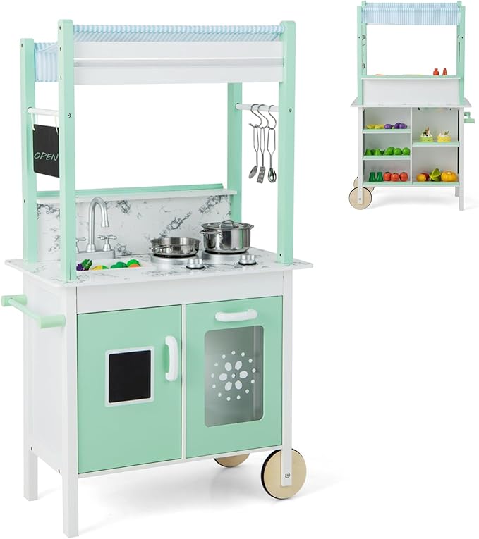 HONEY JOY Kids Kitchen Playset with Lights, Double Side Little Chef Play Kitchen for Toddler & Grocery Store, Cookware, Sink, Storage Cabinet, Wooden Pretend Play Toy Kitchen Cart with Wheels, Green