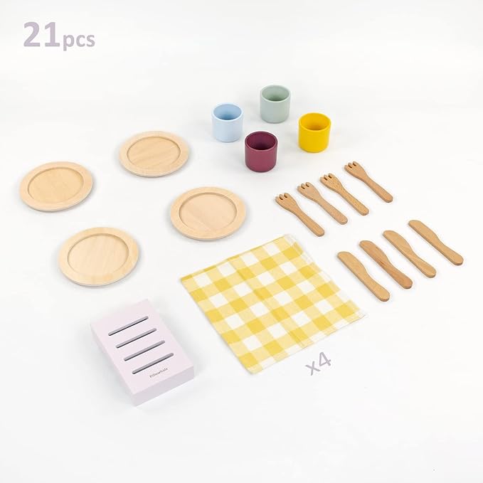 Wooden Toy Plates and Dishes Set,Play Kitchen Cutlery and Plate Set,21Piece Kids Kitchen Playset Accessories for Toddlers Boys Girls Ages 3+