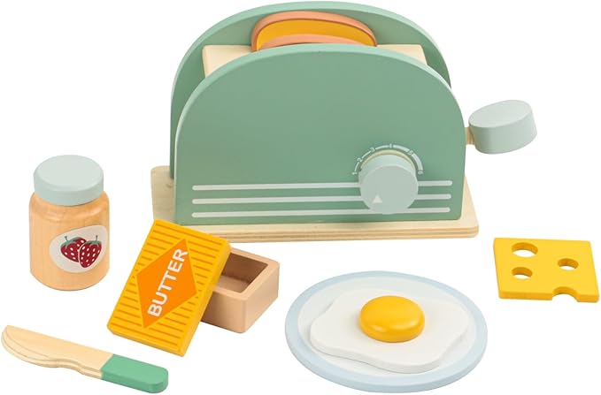Wooden Pop Up Toaster Toys Play Set for Kids, Bread Maker Toy, Montessori Pretend Play Food Kitchen Accessories for Toddler Girls and Boys (Bread Maker)