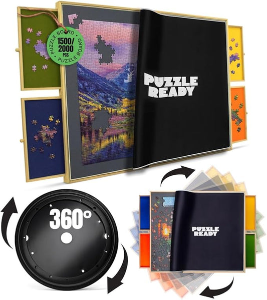 Puzzle Ready Puzzle Board with Drawers & Cover Mat - 1500-Piece Wooden Jigsaw Table - 37" X 28" Portable Board with Lazy Susan for Puzzlers - Colorful Puzzle Table Trays for Sorting