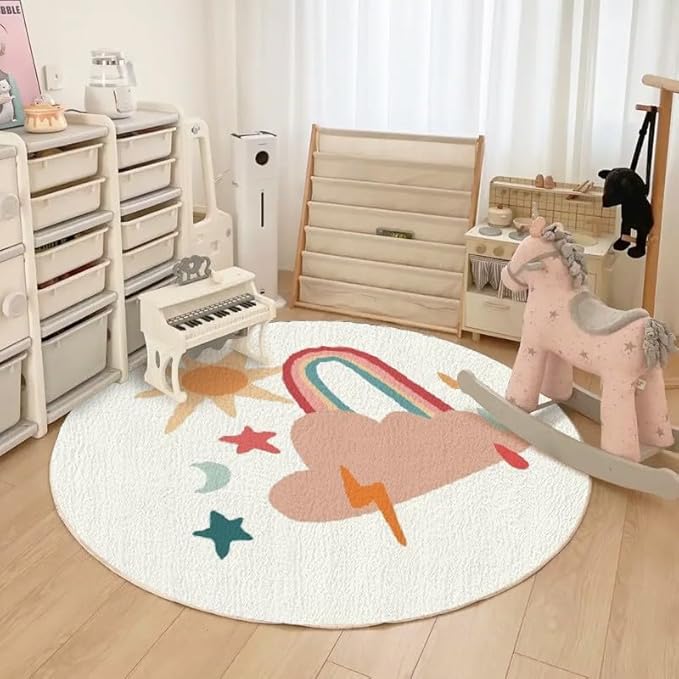 Poowe Round Kids Playroom Rug - Soft Alphabet Nursery Rug for Bedroom - Playtime Collection, Learning & Game Carpet for Classroom, Best Shower Gift for Infant Toddlers (Round 39.4", Weather)