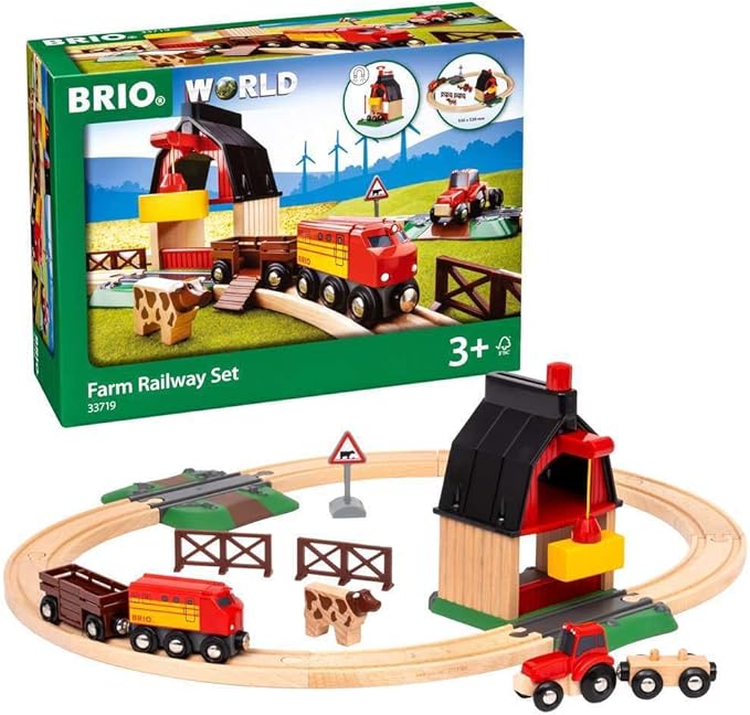 BRIO World Farm Railway Set - 20-Piece FSC-Certified Wood Train Set & Accessories - Works with All BRIO Wooden Railway Sets - Includes Barn, Tractor, Hay Crane, Tracks & More - Fun for Kids Ages 3+