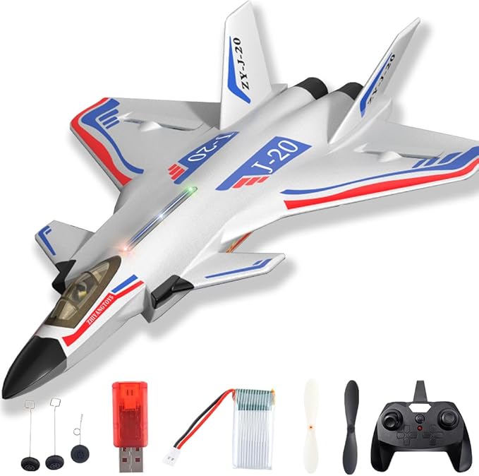Remote Control Plane RTF J-20 Fire Fang 2.4Ghz 6-axis Gyro RC Airplane with Light Strip, Jet Fighter Toy Gift for Kids Beginner (Stealth White)