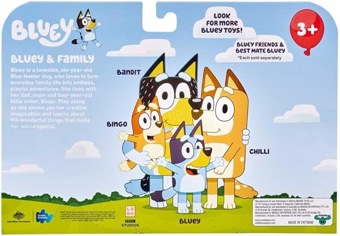 Bluey Family Figure 4-Pack – Includes Bluey, Bingo, Mum (Chilli) & Dad (Bandit), Poseable Collectible Toys for Kids, Durable Cake Toppers, for Toddlers & Fans, Ages 3+