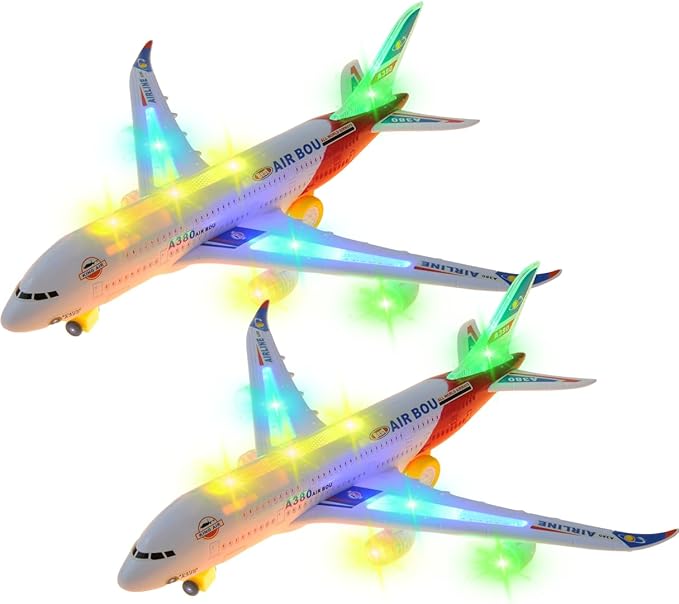 PowerTRC 2 Packs Kids Airplane Toys, Bump & Go Action Toddler Toy Airplane with LED Flashing Light, Music, Airplane Sound, Great Gift for Boys Girls Ages 3-12