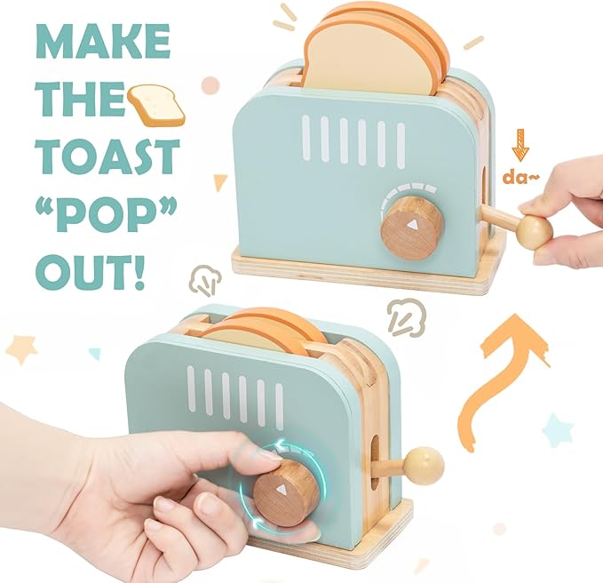 Wooden Pop up Toaster Play Kitchen Set, 17PCS Play Food Accessories for Toddlers Early Learning,Pretend Play Breakfast Playset, Toys Gift for Toddlers Girls & Boys