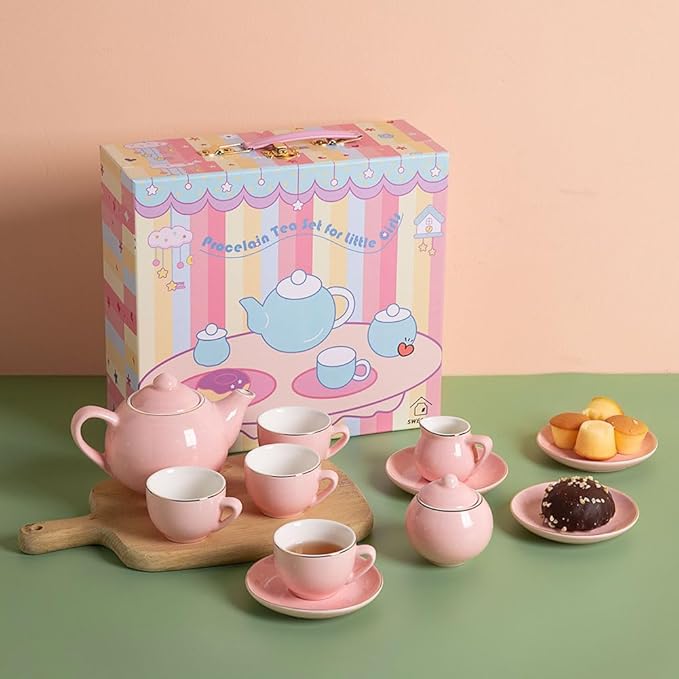 Sweejar Porcelain Tea Set for Little Girls,Kitchen Toys Tea Party Set for Kids Toddler Kitchen Pretend Toy Include Children Teapot, Cup & Saucer Set of 4, Sugar Bowl and Cream Pitcher(Pink Polka Dot)