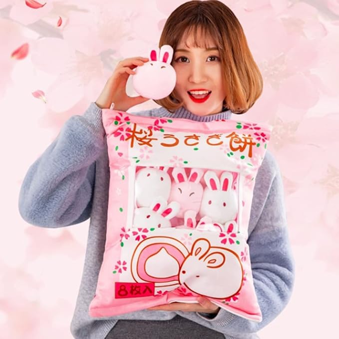 ARELUX Cute Bunny Plush Pudding Pillow:Snack Pillow Toys Bag Removable Stuffed Animal 8Pcs Sets Creative Plush,Soft Sakura Bunny Plushie Throw Pillow,Dolls Friends Family Member