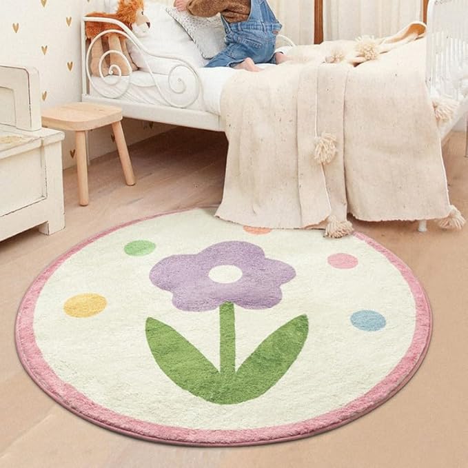 Poowe Round Kids Playroom Rug - Soft Alphabet Nursery Rug for Bedroom - Playtime Collection, Learning & Game Carpet for Classroom, Best Shower Gift for Infant Toddlers (Round 31.5", Purple Flower)