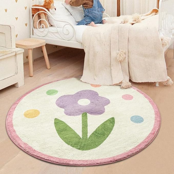 Poowe Round Kids Playroom Rug - Soft Alphabet Nursery Rug for Bedroom - Playtime Collection, Learning & Game Carpet for Classroom, Best Shower Gift for Infant Toddlers (Round 39.4", Purple Flower)