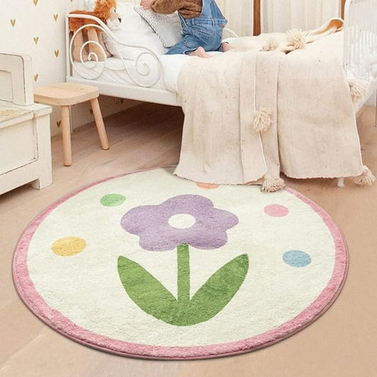 Poowe Round Kids Playroom Rug - Soft Alphabet Nursery Rug for Bedroom - Playtime Collection, Learning & Game Carpet for Classroom, Best Shower Gift for Infant Toddlers (Round 39.4", Purple Flower)
