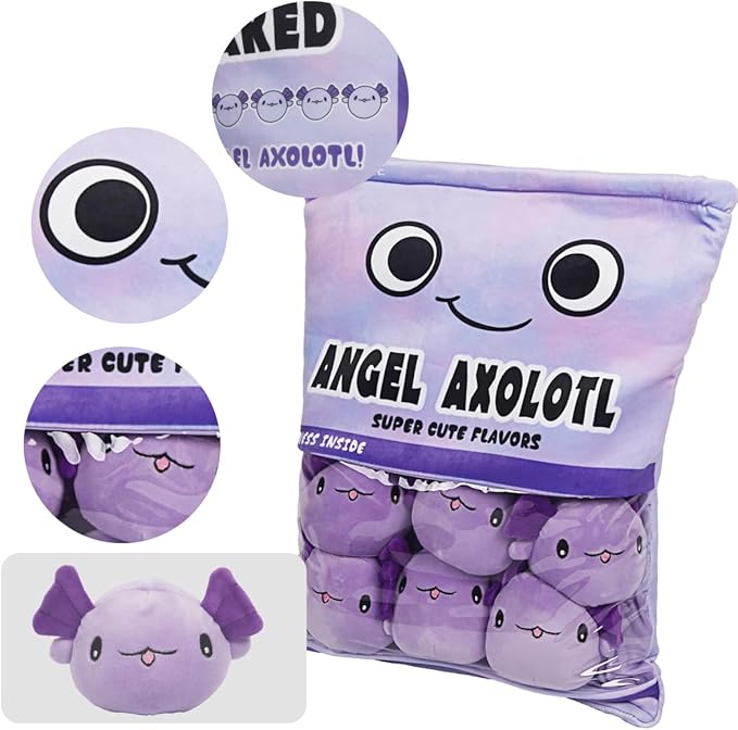 ARELUX Cute Axolotl Plush Pudding Pillow:Snack Pillow Toys Bag Removable Stuffed Animal 6Pcs Sets Creative Plush,Soft Purple Axolotl Plushie Animal Throw Pillow,Dolls Friends Family Member