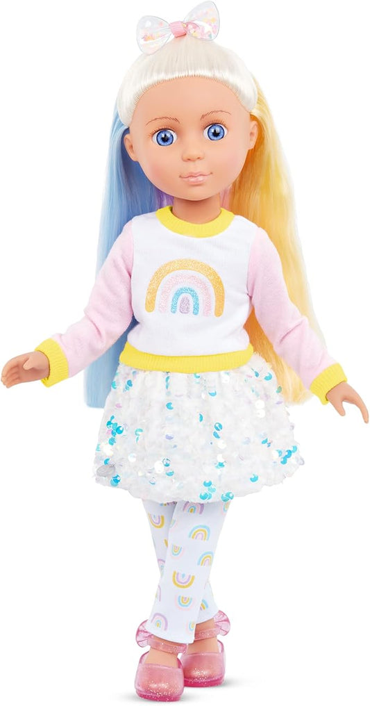 Laica Glitter Girls – 14-inch Play Doll – Blue Eyes & Tricolor Hair, Rainbow Top, Print Leggings – Sequin Skirt, Hair Bow – 3 Years +