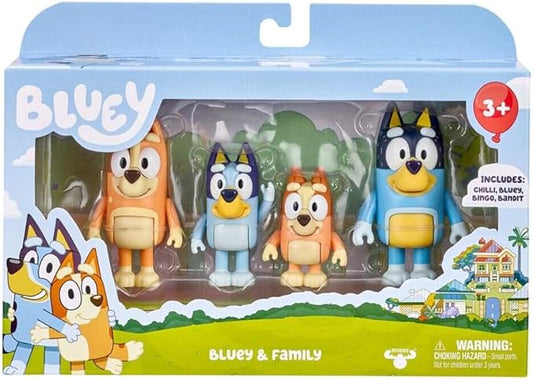 Bluey Family Figure 4-Pack – Includes Bluey, Bingo, Mum (Chilli) & Dad (Bandit), Poseable Collectible Toys for Kids, Durable Cake Toppers, for Toddlers & Fans, Ages 3+