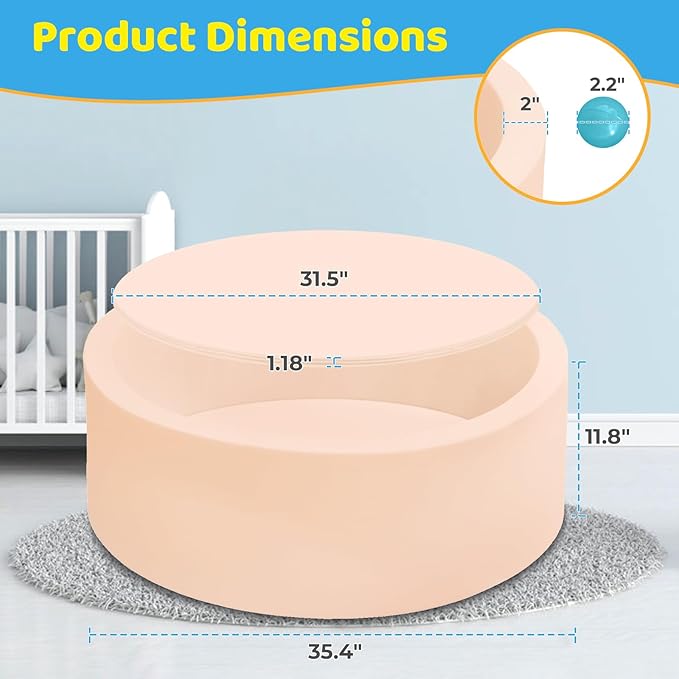 Baby Ball Pit 35.4" Soft Round Memory Foam Ball Pits NOT Included Balls Indoor Outdoor Playpen for Babies Toddlers Kids Great Gift for Girls Boys, Beige